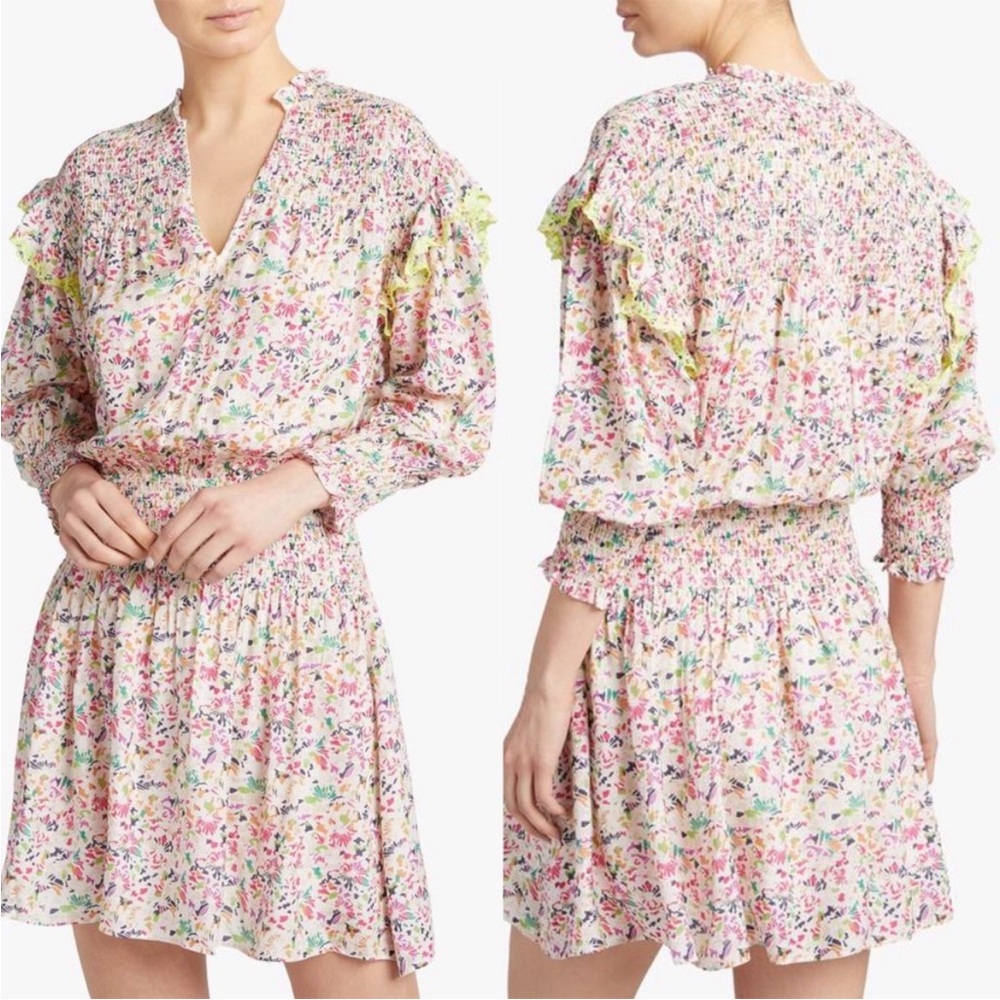 TANYA TAYLOR Imogen Dress - Confetti Pink Floral Size S Ruffle Smocked Sleeve 21